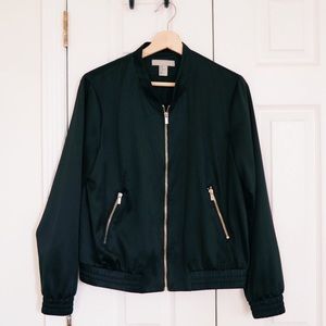 Black Satin Bomber Jacket with Gold Hardware